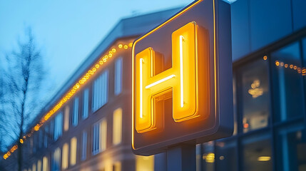Illuminated Hospital Sign Glows Against Dusk Sky with Building L