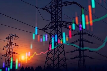 High voltage towers on the background of stock charts. Electricity price change concept. Financial growth graph.