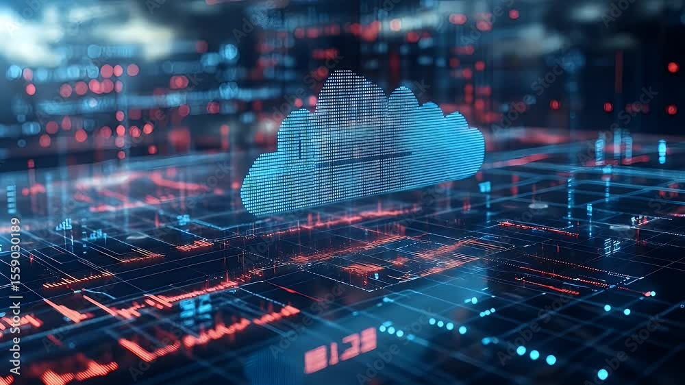 Poster cloud computing network on a circuit grid with red and blue lights technology