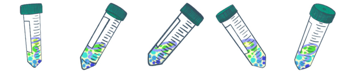 Hand-Drawn Centrifuge Tube Illustration Set — Colorful Science Lab Tubes with Gradient Liquid, Fun Bubbles, and Label Details for Biology, Chemistry, Medical Research, Biotech Branding, Academic Prese