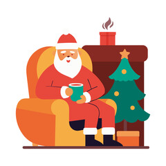 Santa Claus Drinking Coffee By Fireplace