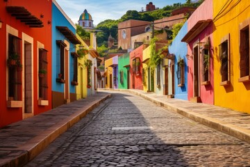 Fototapeta premium Traditional vibrant houses creating picturesque street view in historic mexican town