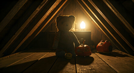 An atmospheric attic scene with a silhouetted teddy bear and old toys bathed in warm backlighting creating long shadows. Ideal for storytelling visuals or suspenseful narrative backgrounds.