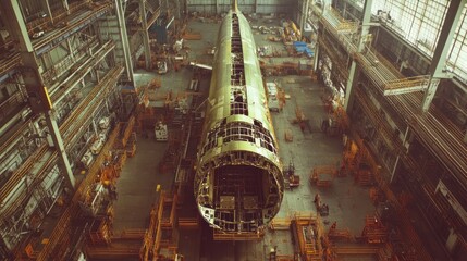 Large submarine under construction in a massive hangar