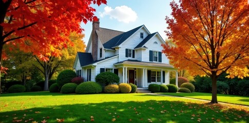 Charming suburban home, vibrant fall foliage surrounds lush green grass , blurred, oak