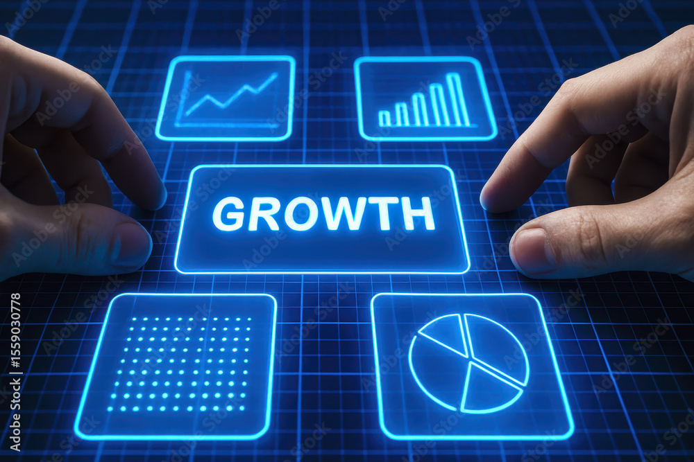 Poster two hands interact with glowing digital cards displaying growth metrics symbolizing business progres