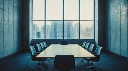 Obraz na płótnie Canvas Modern corporate meeting room with large glass windows, executive office chairs, sleek conference table, and panoramic city skyline view in contemporary business interior