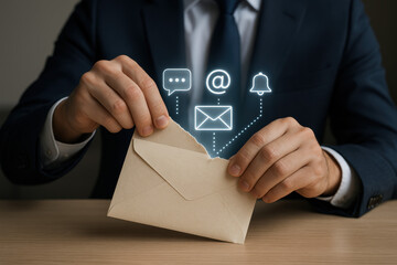 A professional tearing open an envelope reveals digital notifications symbolizing communication and business connectivity in a modern workspace