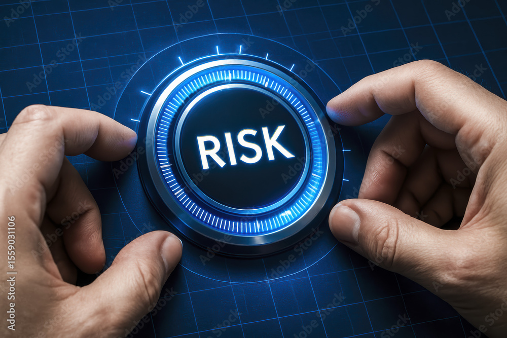 Poster a close-up view hands adjusting a glowing digital dial symbolizing risk control and decision-making 
