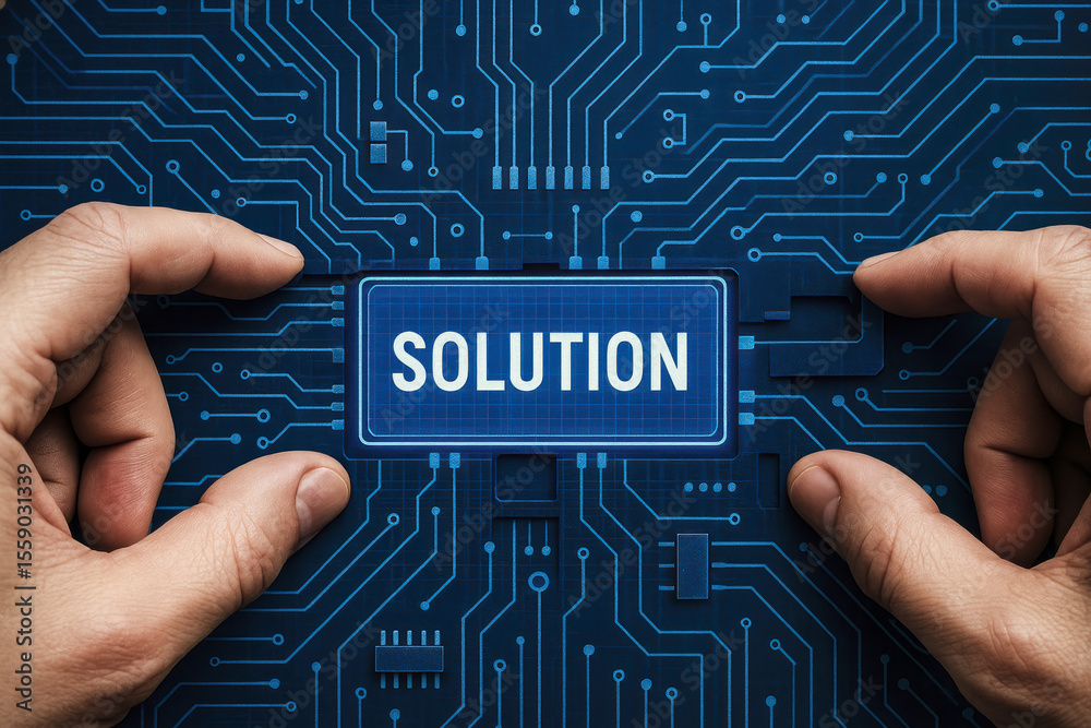 Poster a pair hands place a digital component into a complex blue grid interface symbolizing innovative pro