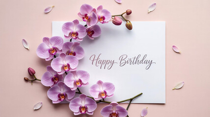 Happy birthday card with pink orchids and petals © Shipra