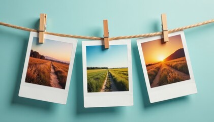 Instant photos hanging on rustic clothespins on twine, bright, prints