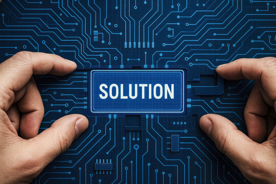 A pair hands place a digital component into a complex blue grid interface symbolizing innovative problem solving and strategic solution integration in technology