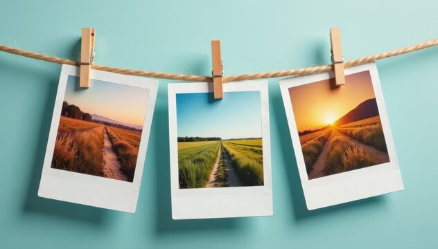 Instant photos hanging on rustic clothespins on twine, bright, prints - Powered by Adobe