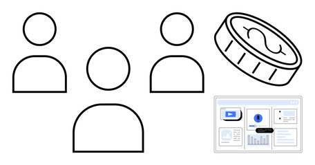 Three user icons, a coin with a dollar sign, and a screen with data charts and graphs. Ideal for teamwork, finance, fintech, digital tools, analytics collaboration data visualization. A simple flat