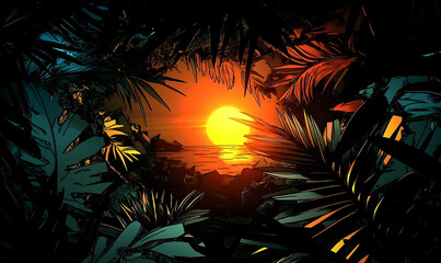 Tropical Sunset Framed by Lush Foliage and Stylized Textures