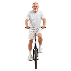 Elderly man smiling while riding a bicycle in casual clothing  