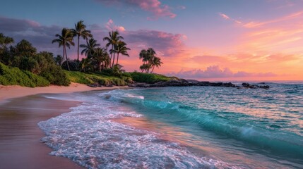 Sunset Serenity: A Tropical Beach Bathed in Golden Light