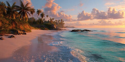 Sunset Serenity: A Tropical Beach Bathed in Golden Light