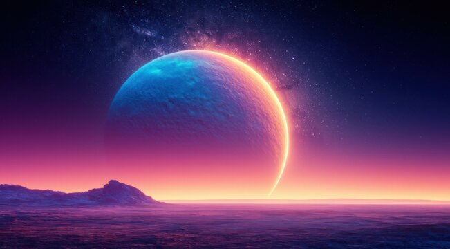 Dramatic planetary sunrise over surreal landscape and starry sky