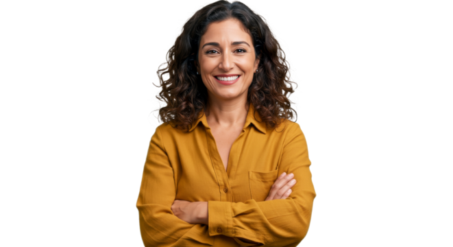 Smiling Woman with Arms Crossed on White Background