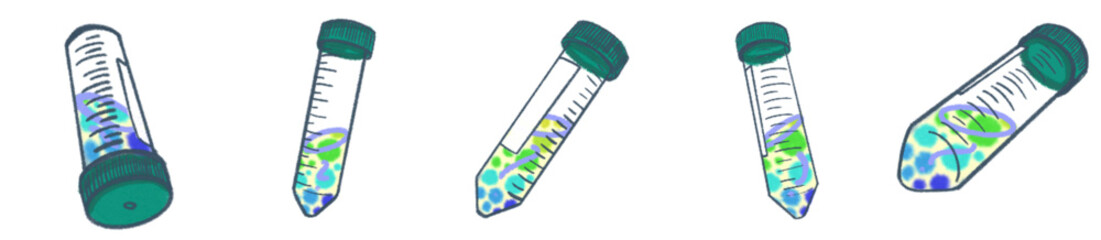 Hand-Drawn Centrifuge Tube Illustration Set — Colorful Science Lab Tubes with Gradient Liquid, Fun Bubbles, and Label Details for Biology, Chemistry, Medical Research, Biotech Branding, Academic Prese