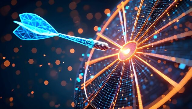 A glowing digital dart strikes the bullseye of a futuristic target.