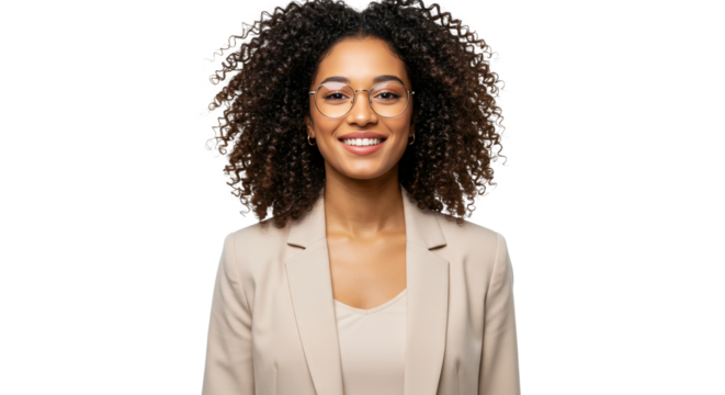 Smiling Woman with Curly Hair Wearing Glasses and Beige Suit