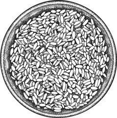Chinese Dish Illustration. Hand Drawn Isolated Top View Rice Bowl. Vintage Style Asian Food Illustration.