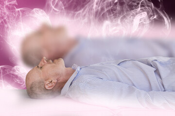 Spirit leaving man  body. Death and afterlife concept