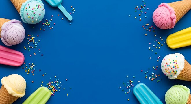 Colorful Ice Cream & Popsicle Circle on Bright Blue Background with Scattered Sprinkles – Playful Summer Dessert Showcase and Creative Ice Cream Flavors Day concept