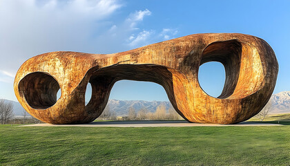 Rustic Wooden Sculpture Against Mountain Vista