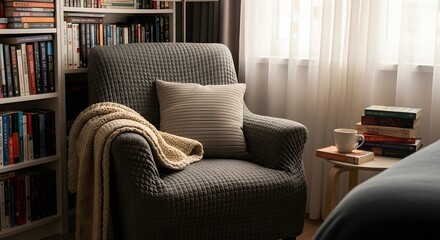 Cozy corner reading nook with armchair and books, A comfortable armchair setup for relaxing and reading with soft light, a bookshelf, and a side table
