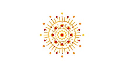 A symmetrical circular design with red and yellow dots and lines on a white background art illustration