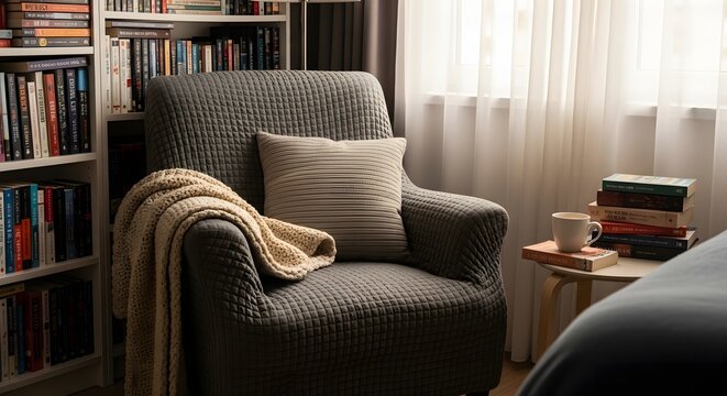 Cozy corner reading nook with armchair and books, A comfortable armchair setup for relaxing and reading with soft light, a bookshelf, and a side table - Powered by Adobe