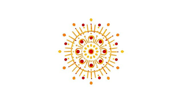 A symmetrical circular design with red and yellow dots and lines on a white background art illustration