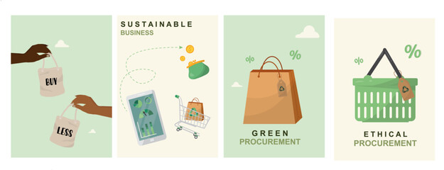 Green procurement sustainable business shopping banner template. Ethical purchasing consumer choice concept poster. Corporate responsibility retail for marketing presentations. Vector illustration