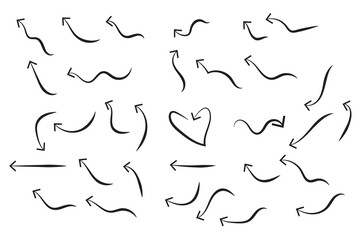 Collection of curve arrows. Set simple curved hand drawn arrows.
