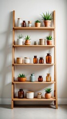 Serene Shelving with Green Plants and Amber Jars