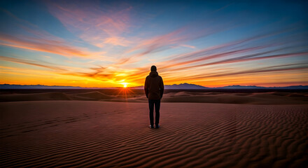 A solitary figure stands on vast desert dunes watching a breathtaking sunset this image inspires reflection and adventure perfect for travel blogs and motivational content