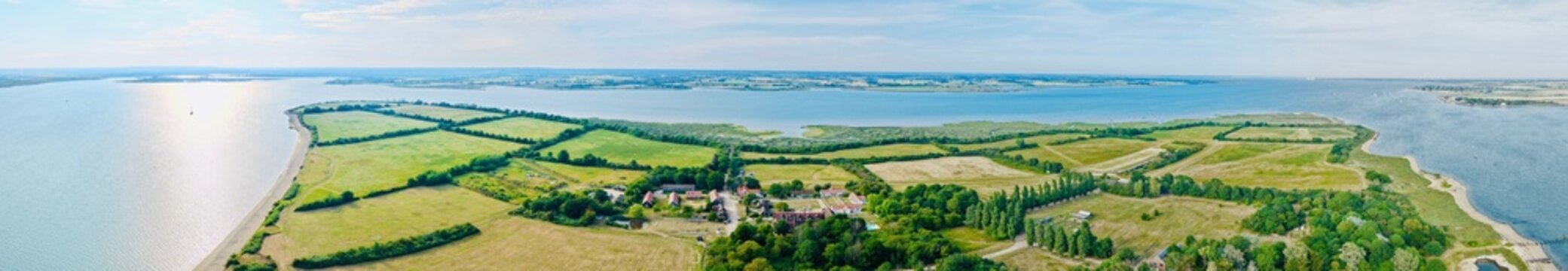 Aerial panoramic view of Osea Island, Essex, UK.