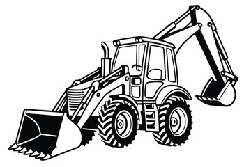 Naklejka premium Striking Black and White Illustration of a Powerful Backhoe Loader Heavy Machinery for Construction Projects and Earthmoving Tasks