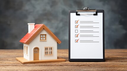 A miniature house model next to a clipboard with checkboxes, symbolizing home inspection or real estate evaluations.