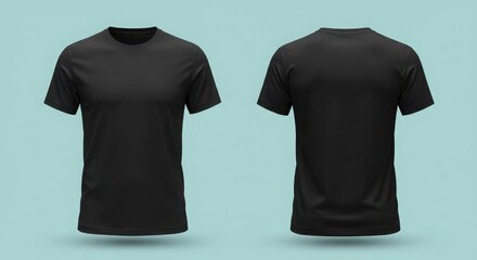 Black T-Shirt Mockup Showing Front and Back Isolated on Cyan Background