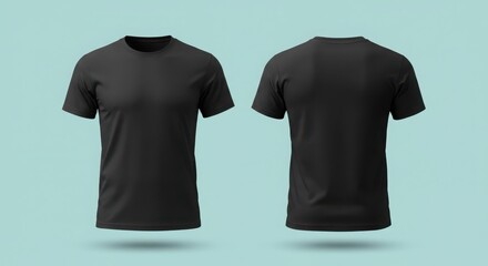 Black T-Shirt Mockup Showing Front and Back Isolated on Cyan Background