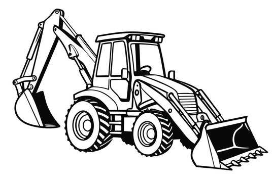 Monochrome Illustration of a Backhoe Loader Ready to Dig and Excavate Materials in a Construction Site or Industrial Environment