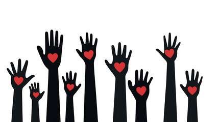 Fototapeta premium Vector illustration of raised hands with hearts symbolizing love and support