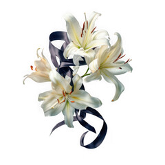 Elegant white lilies adorned with a flowing black ribbon isolated on transparent background