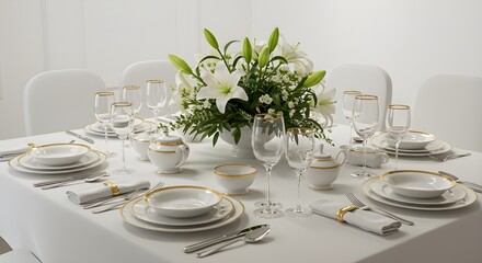 A dinning room table is set for  formal dinner isolated on white background.
