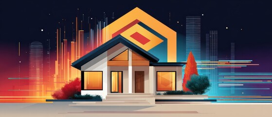 Obraz premium Modern house illustration with vibrant geometric shapes and urban background, showcasing contemporary architecture and design.